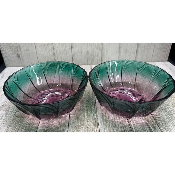 Vtg Anthropologie Glass Salad Fruit Bowl Purple Green Ribbed Set of 2 5.5" DIA - Picture 1 of 9